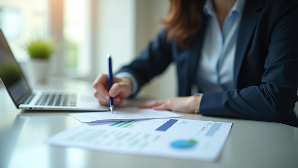 Professional at modern desk reviewing financial documents and retirement planning spreadsheets
