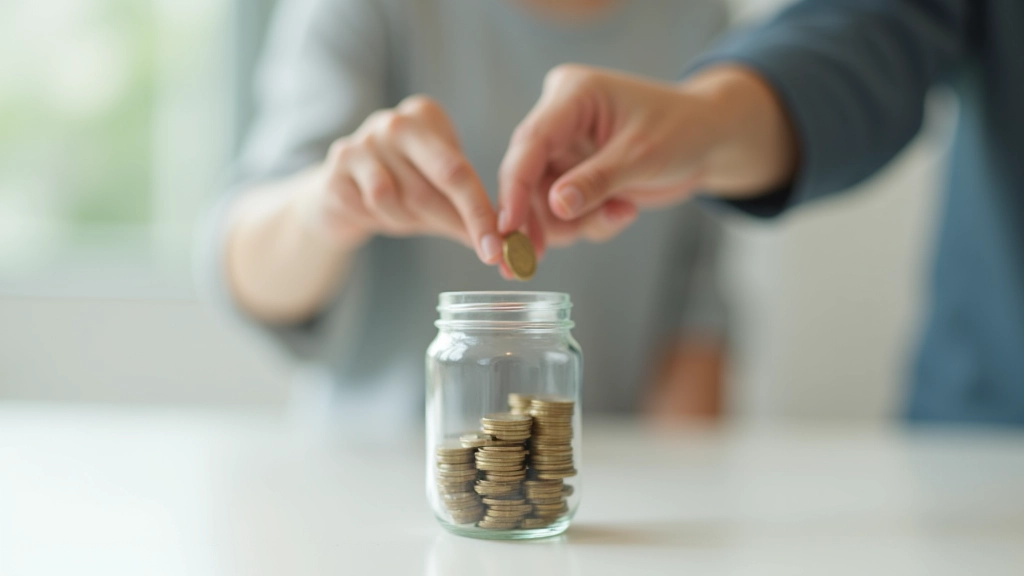 Hands dropping coins into a clear savings jar against a light background, showing incremental savings growth