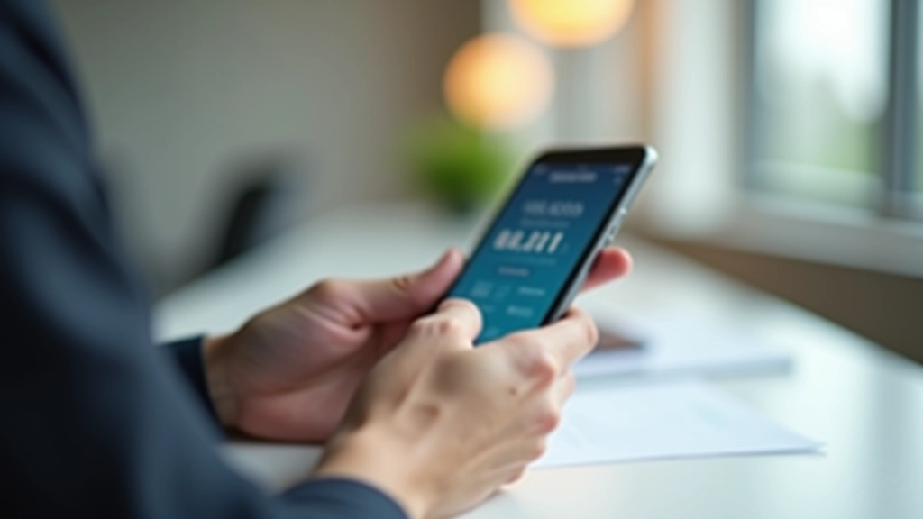 Close-up of hands holding smartphone with banking app displayed, showing savings account balance and deposit options
