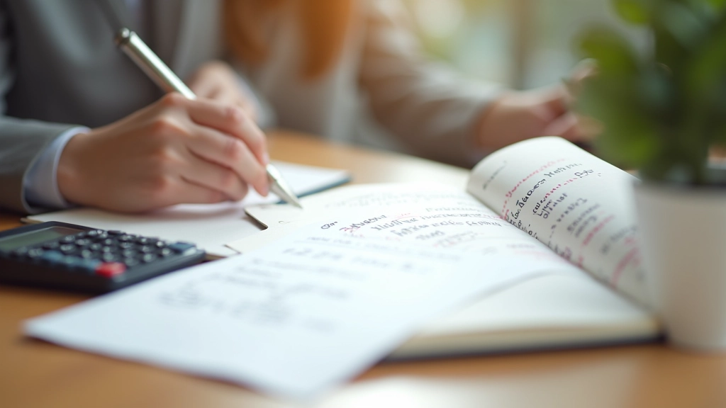 Handwritten financial goals and targets written on notebook with pen and calculator nearby