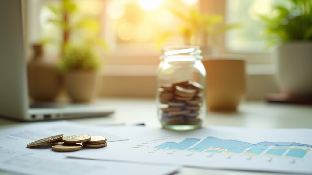 Savings jar with coins and financial growth chart showing upward trend