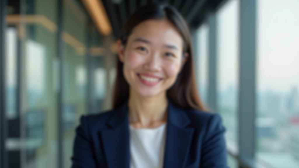 Young professional woman smiling at desk in bright office environment, representing financial confidence and peace of mind