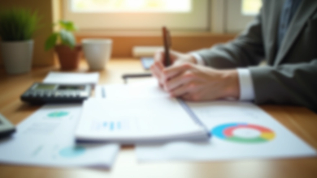 Professional notebook and pen on desk with financial documents and calculator